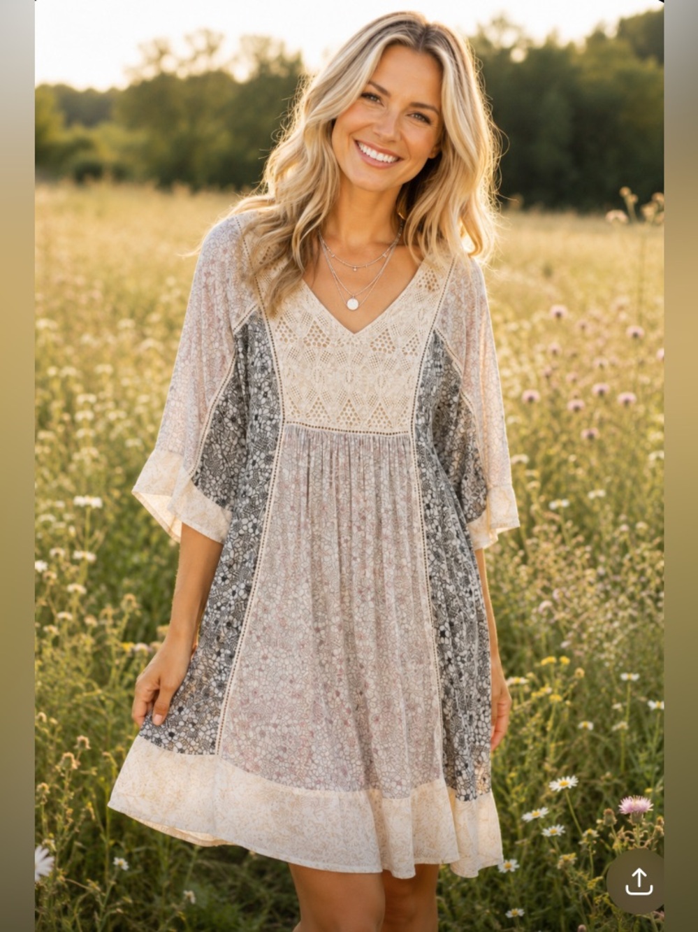 Sundance Cream Colored Dress Floral Boho Peasant Festival